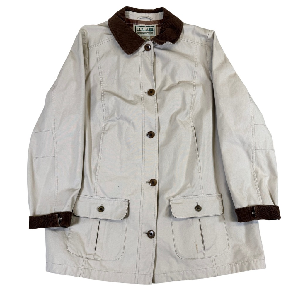 LL Bean Womens 1X Field Coat Canvas Barn Jacket Tan Corduroy Trim Plaid Lined